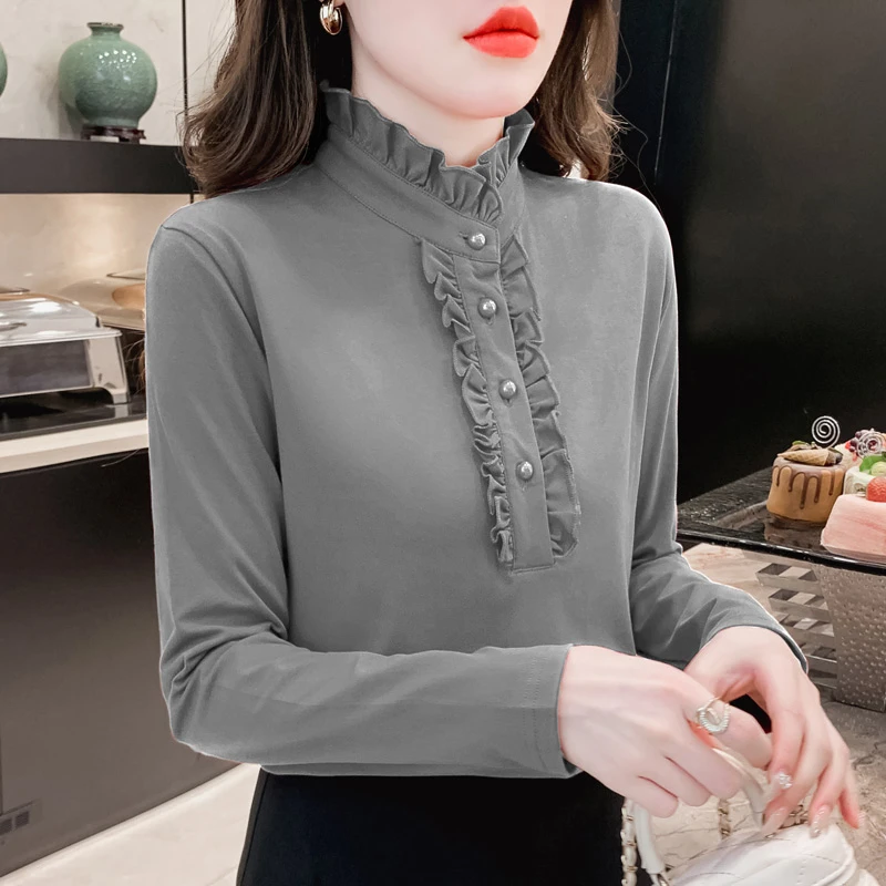 中老年加绒加厚打底衫女秋冬大码妈妈长袖t恤木耳领衬衫保暖上衣