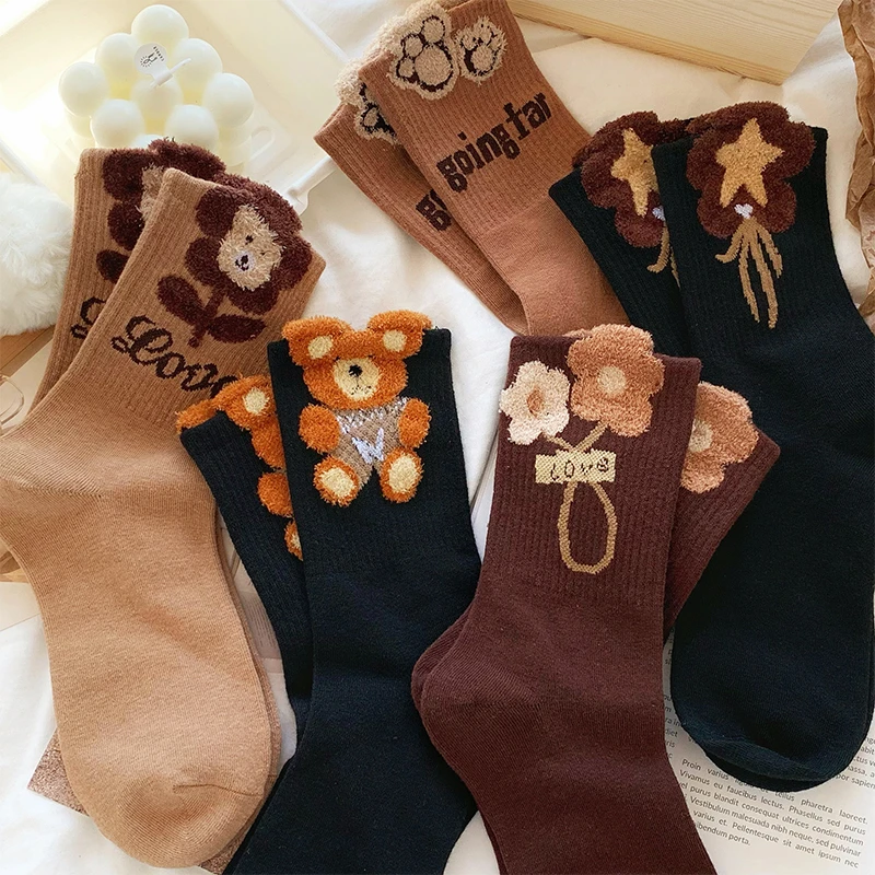 秋冬加厚袜子女ins潮棉袜中筒立体毛绒棕色小熊可爱复古中筒长袜