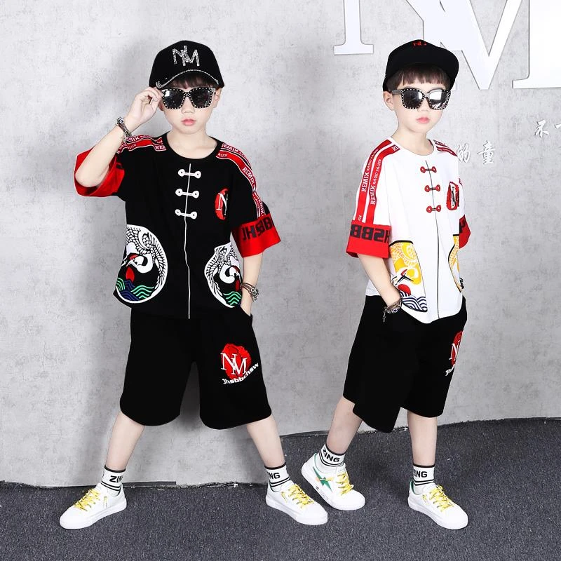 夏季儿童民族风古装汉服短袖套装中式六一演出服男童壮族表演服