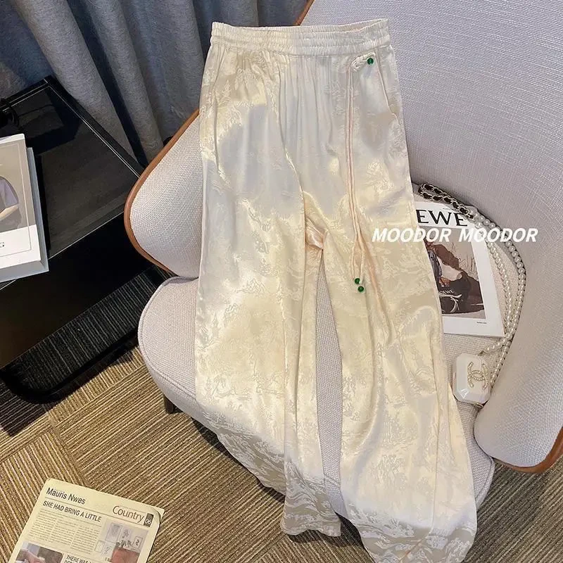 高奢醋酸缎面窄版阔腿裤女春夏季高腰垂感中国风提花宽松直筒裤潮