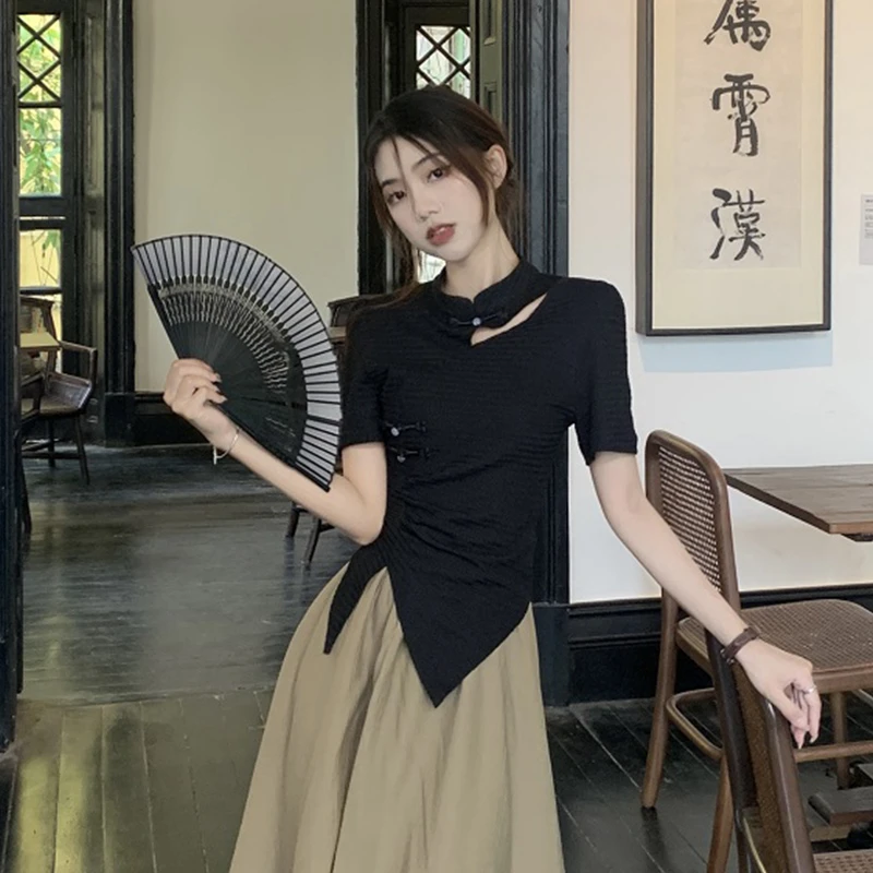 不规则短袖t恤女2024年新款夏季新中式国风盘扣修身短款上衣夏款