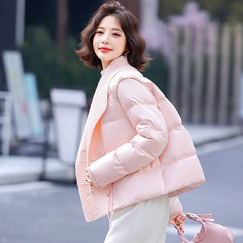 针织拼接羽绒服女装冬季2024新款爆款欧货翻领面包服白鸭绒外套潮