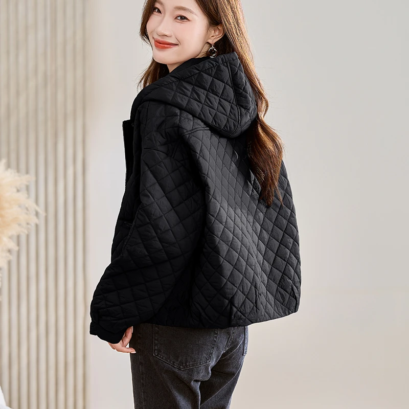 菱形格百搭压线女夹棉棉服2024冬季大码文艺轻薄宽松中年妈妈棉衣