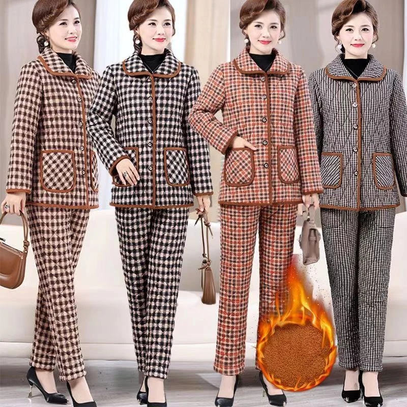 2024冬季新款妈妈装加绒加厚格子套装中年时尚洋气棉衣棉裤两件套