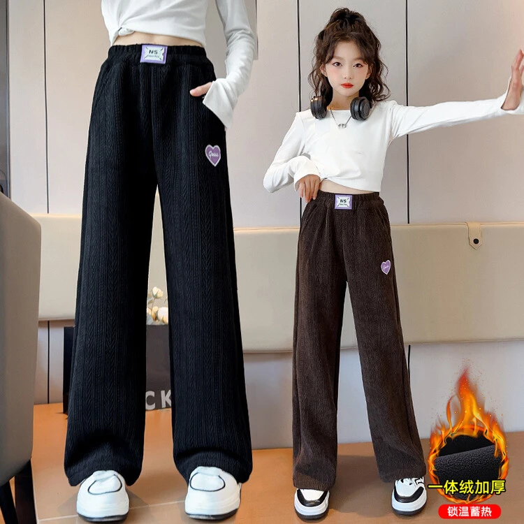 女童裤子秋冬装洋气加绒加厚儿童中大童一体绒休闲冬季宽松直筒裤
