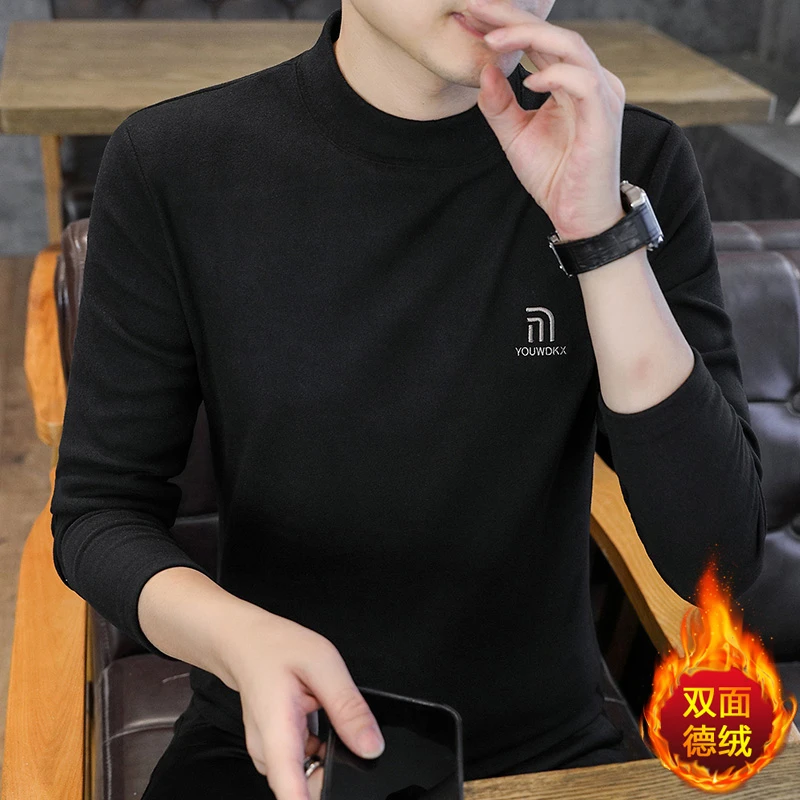 冬季新款男士德绒打底衫时尚刺绣半高领内搭长袖T恤双面绒磨毛潮