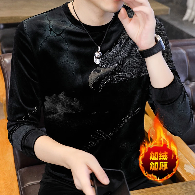 30-50岁男士金丝绒卫衣加绒加厚圆领长袖休闲打底衫时尚印花保暖