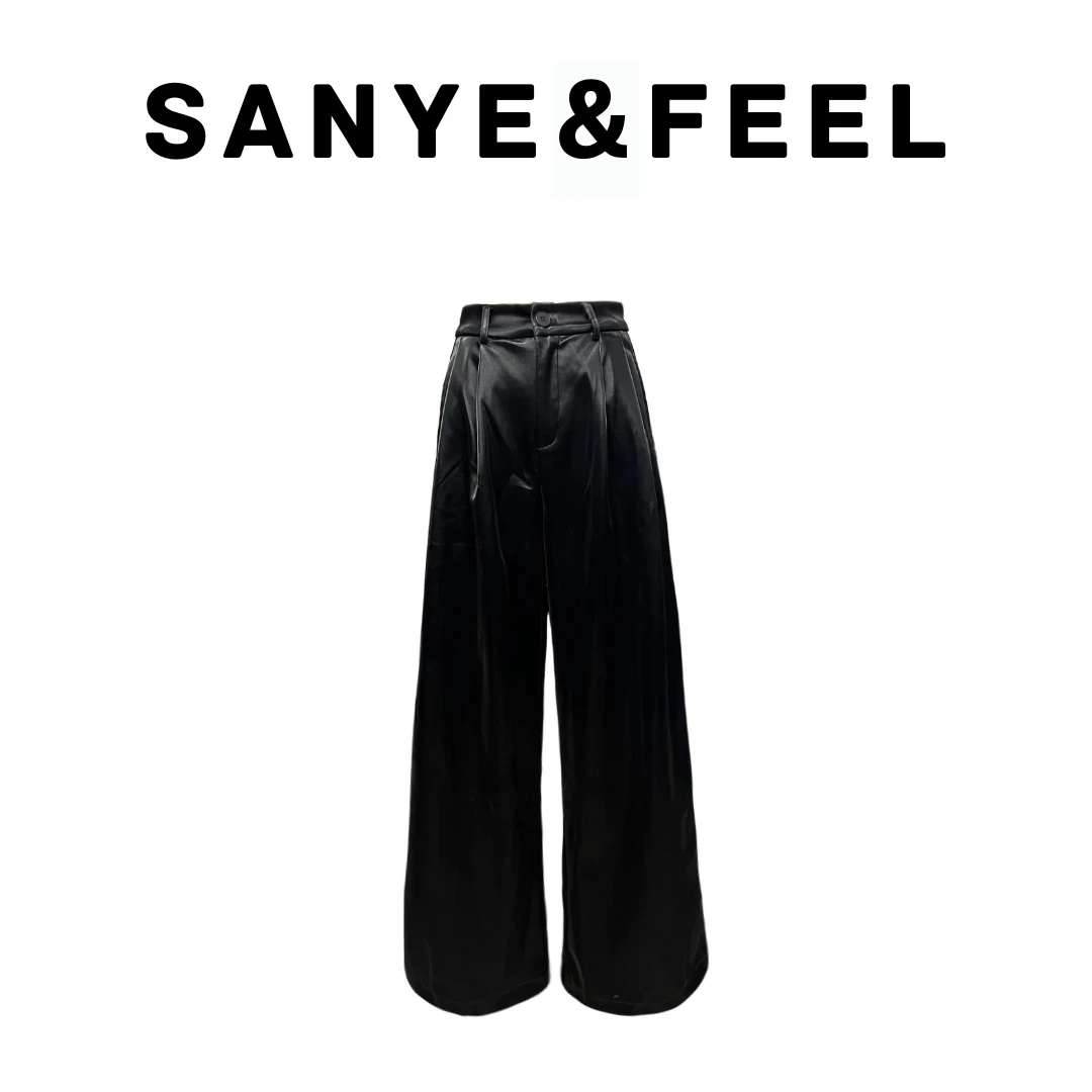 大妍力推【杆条皮裤】62085秋冬新款高腰杆条磨毛阔腿皮裤QS