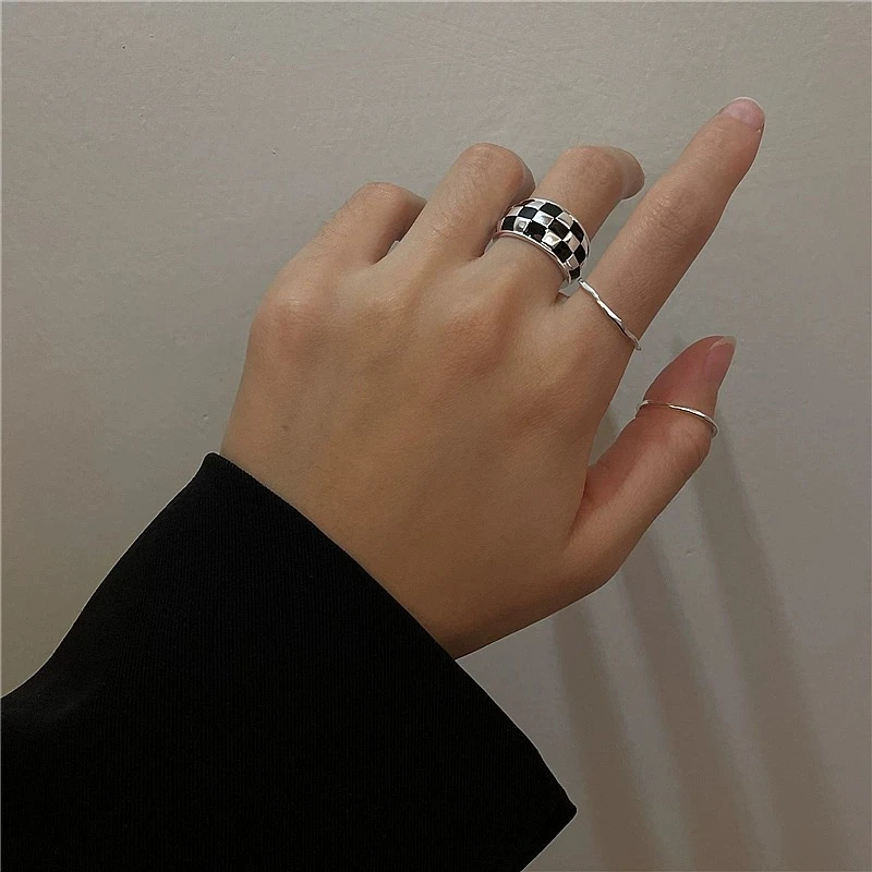 铜合金戒指 童致-【个性设计】复古轻奢高级黑白棋盘开口指环
