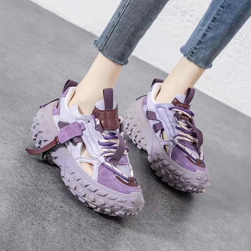 真皮网面女士透气软底老爹鞋女款2025夏季新款百搭镂空轻便跑步鞋