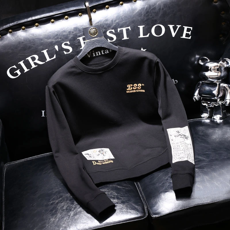 高端轻奢长袖纯棉卫衣男春秋新款圆领打底衫青年男款个性印花T恤