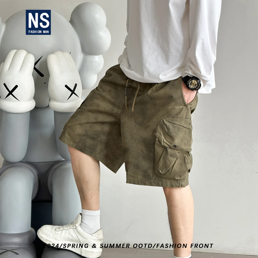 【NS】夏季新款美式高街休闲水洗扎染做旧工装大口袋短裤73008