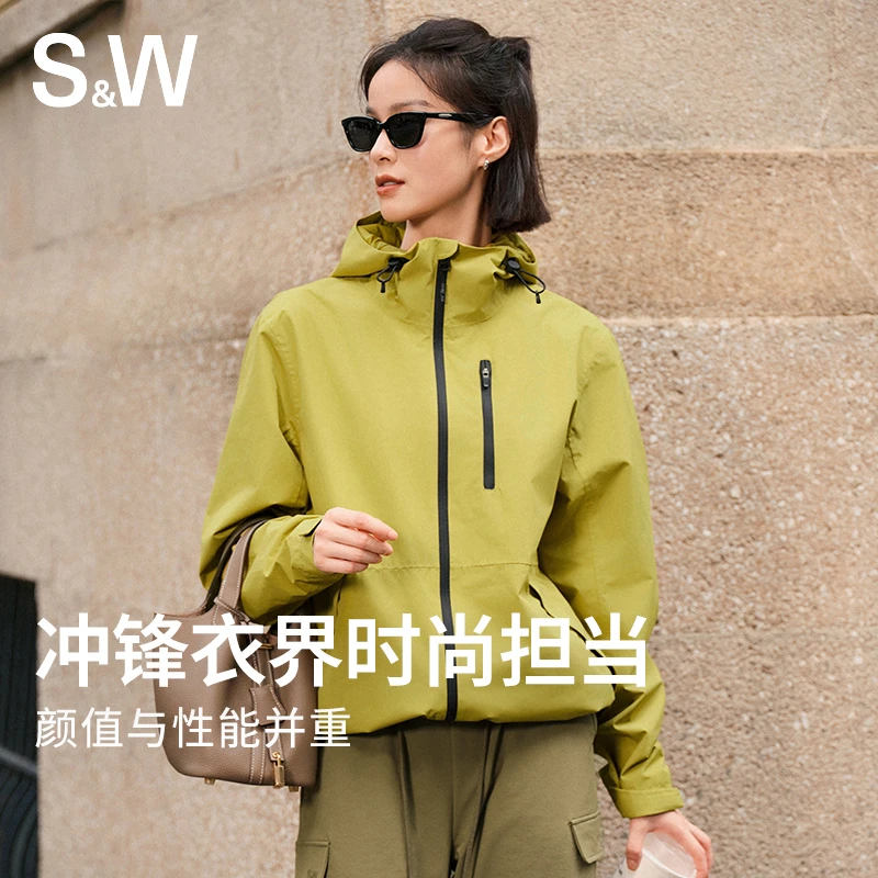 SW速惟 新款户外冲锋衣女防风防水连帽夹克运动带内胆 1205