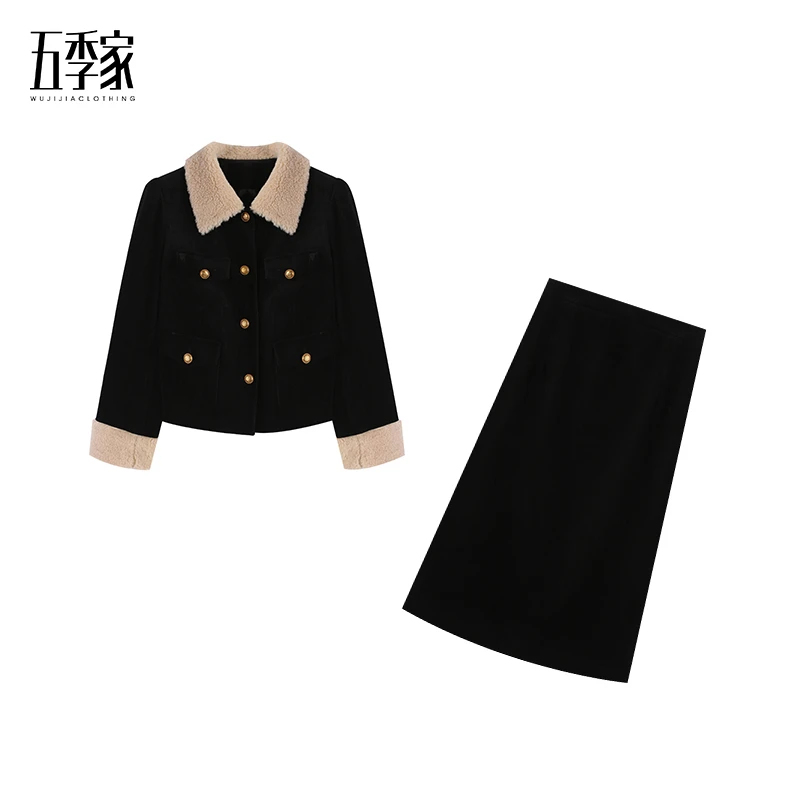 【大码显瘦】冬季时尚气质黑色上衣+长半裙两件套五季家ZL101323