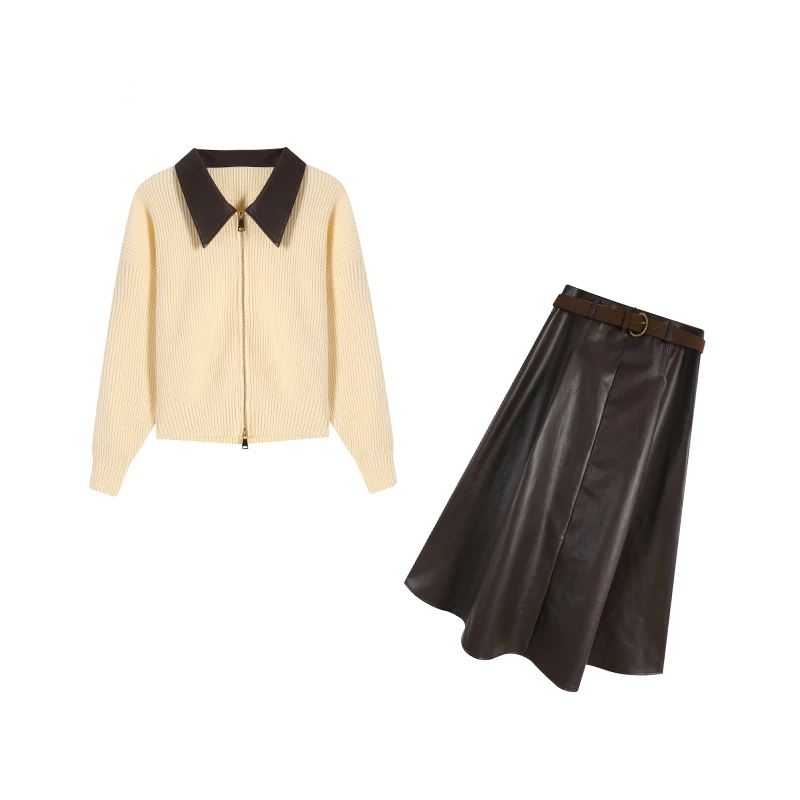 新款秋装休闲套装胖mm撞色针织衫半身裙两件套ZL40370