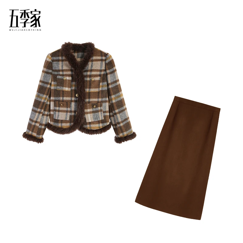 咖格上衣ZL101658+咖色长半裙ZL38595五季家两件套