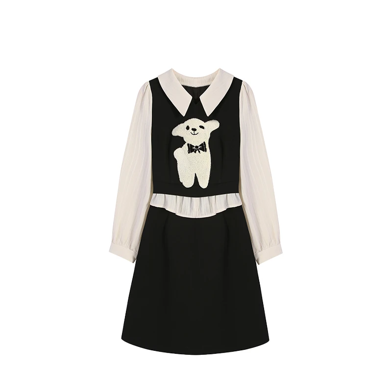 【丢丢】大码胖mm遮肉时髦假三件印花时髦黑色长/短款连衣裙ZL53896