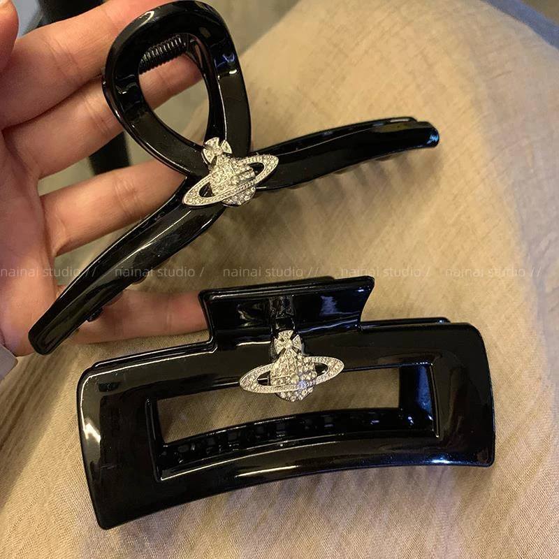 黑色土星抓夹亮面闪钻星球高级感后脑勺盘发鲨鱼夹复古法式发夹