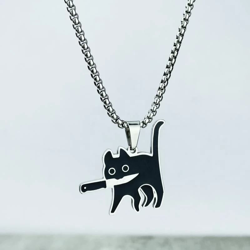 卡通趣味叼小刀小黑猫项链潮男女个性文艺范时尚百搭钛钢猫咪吊坠