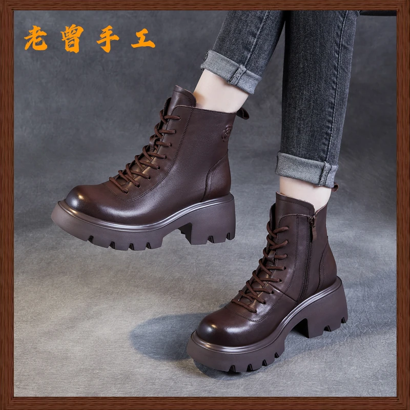 【老曾手工】2024秋季新款英伦风厚底短靴粗跟高跟头层牛皮马丁靴女