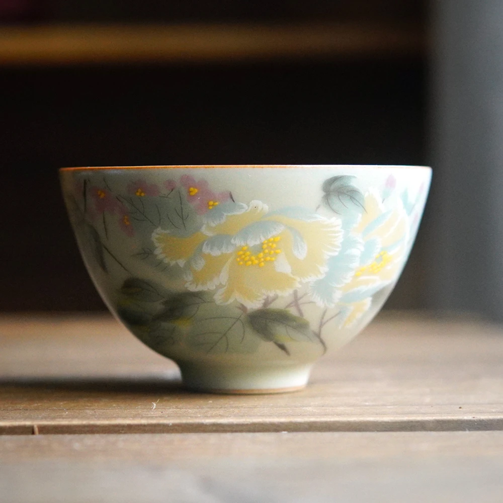 秘黄釉芙蓉花主人杯茶杯中式汝窑开片陶瓷复古品茗杯c0245 90ml