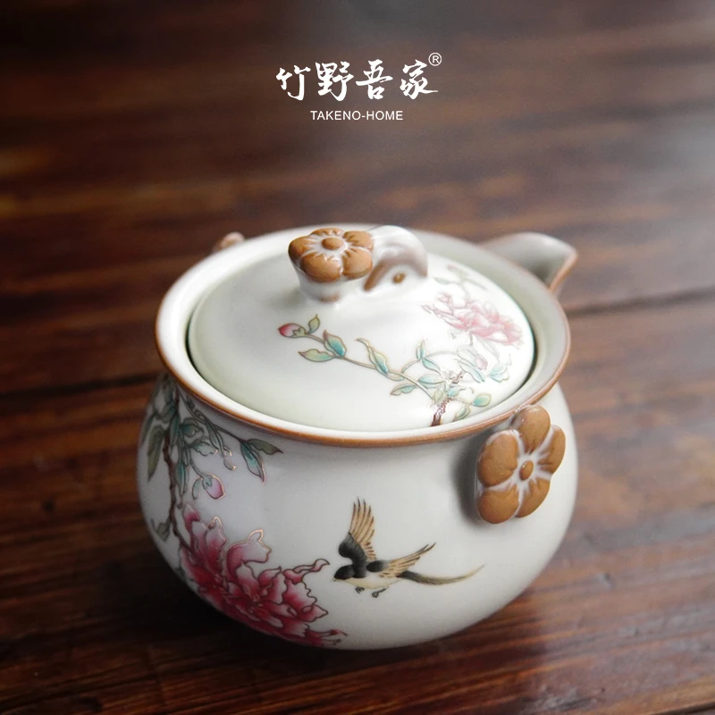 中式牡丹花哥窑开片手抓壶 复古陶瓷泡茶壶 功夫茶壶s238 150ml