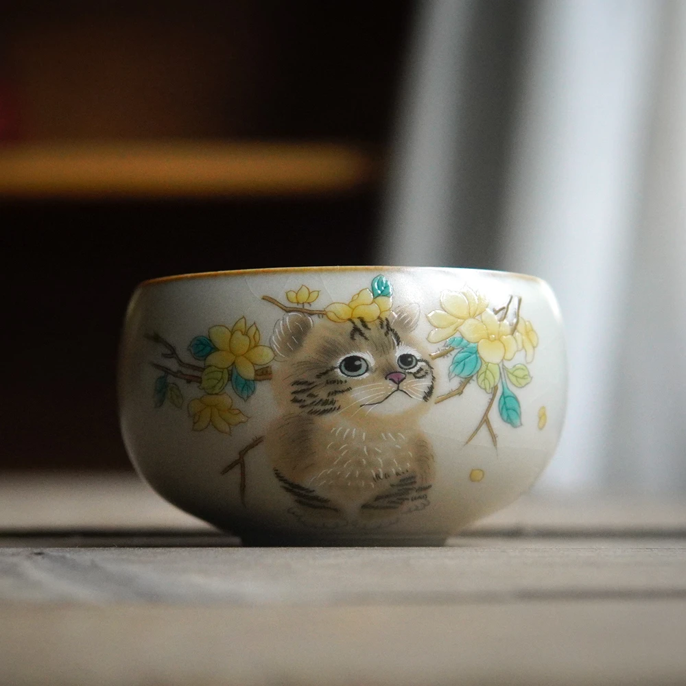 【新人福利】汝窑猫咪开片小杯 家用可爱金渐层猫咪禅定杯c0046