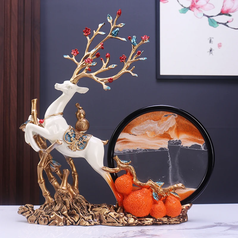 简约现代高档招财鹿沙漏流沙画摆件玄关酒柜电视柜装饰品乔迁礼品