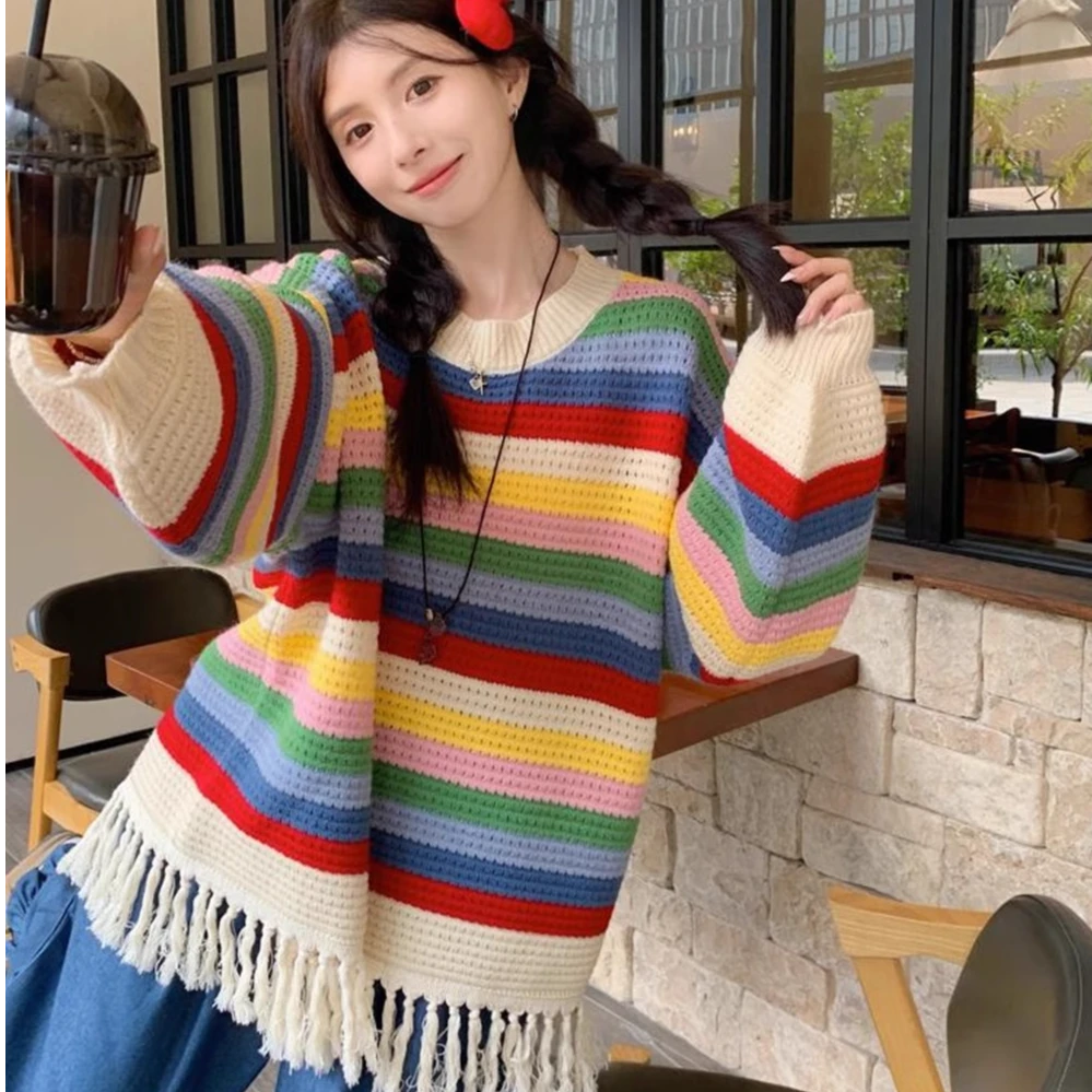 彩虹条纹流苏长袖针织毛衣女2024秋季新款宽松小众别致独特上衣潮