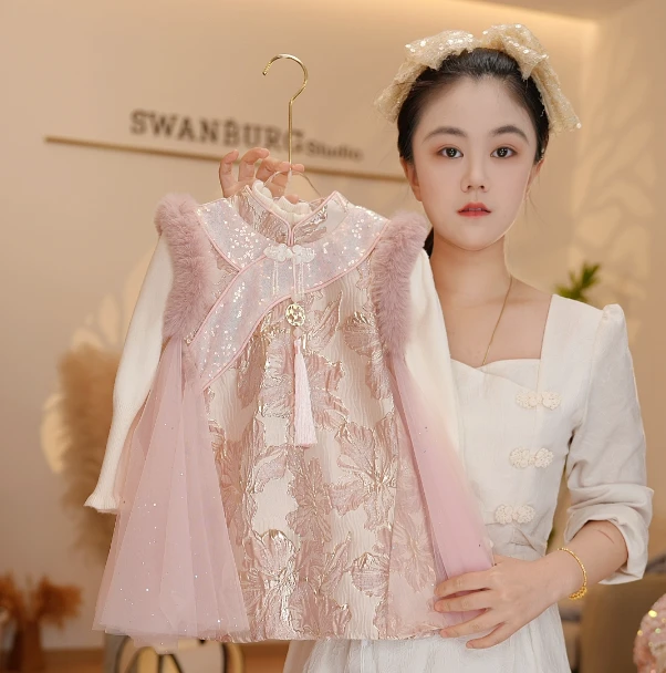 【Y.k3128】24新款女童新中式甜美公主马甲裙女童甜美保暖背心裙