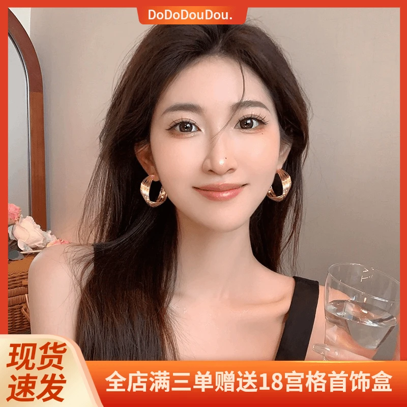 金属旋转复古港风大圈圈耳圈小众设计耳夹高级耳饰女