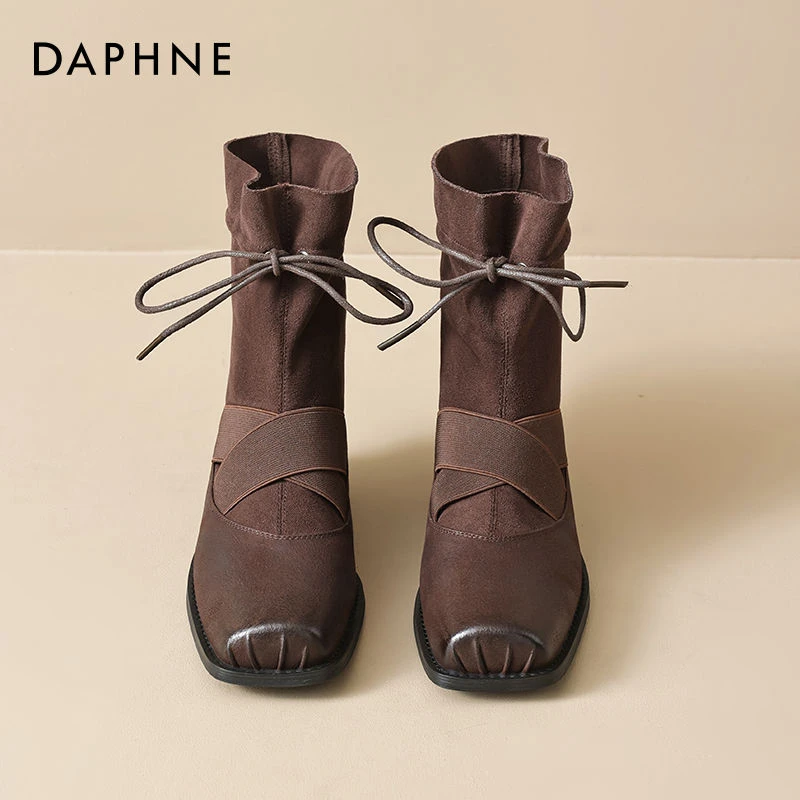 达芙妮羊皮法式短靴女鞋2025新款秋季美拉德瘦瘦靴平底芭蕾袜靴子
