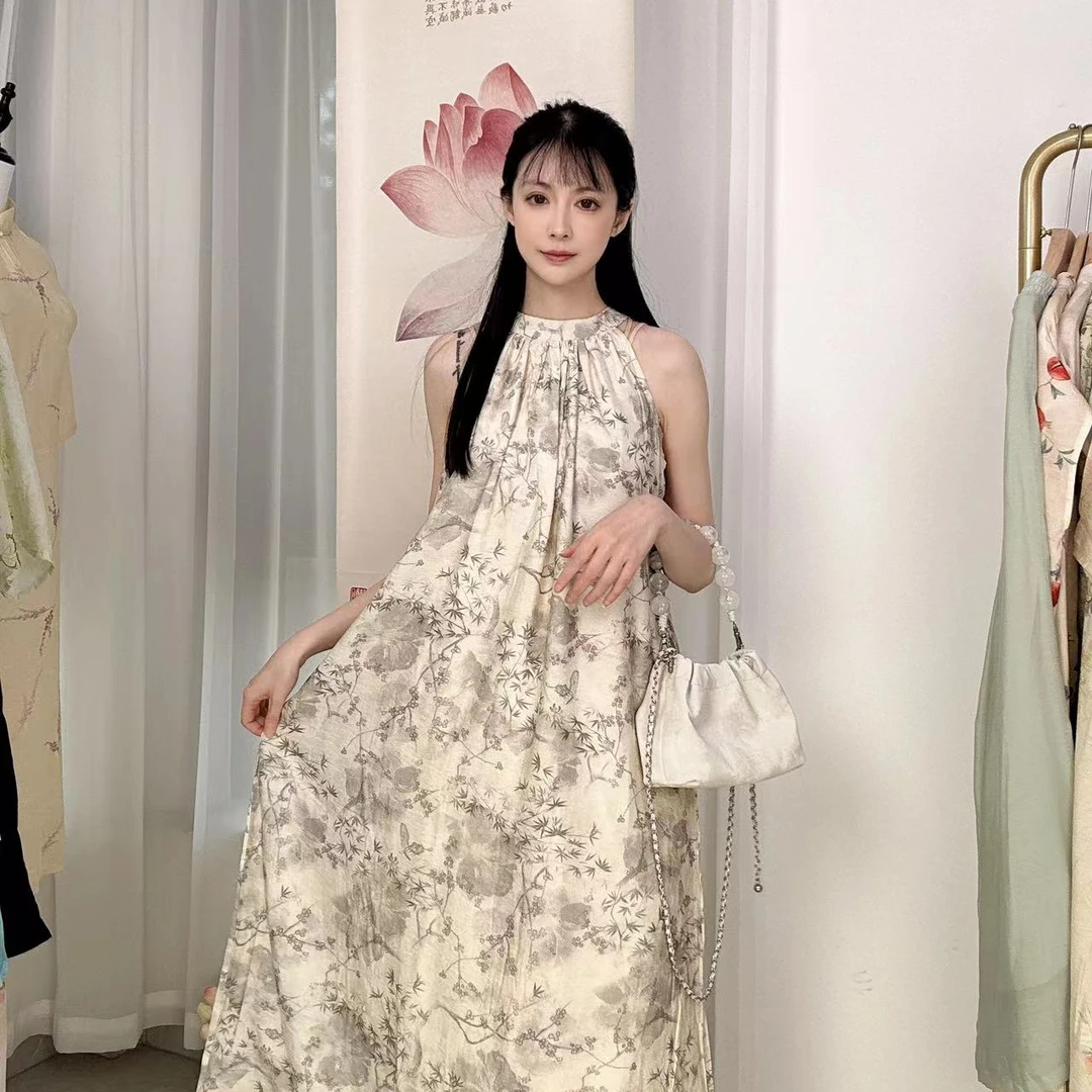 夏季新款挂脖双层连衣裙