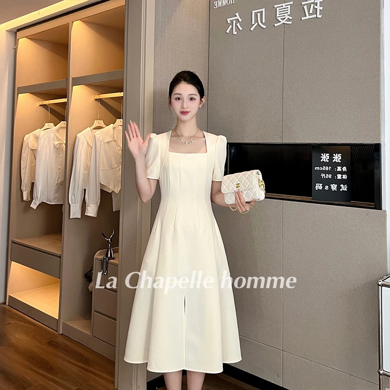 拉夏贝尔2024夏季清仓高腰方领气质设计高腰短袖连衣裙 8015 LQC