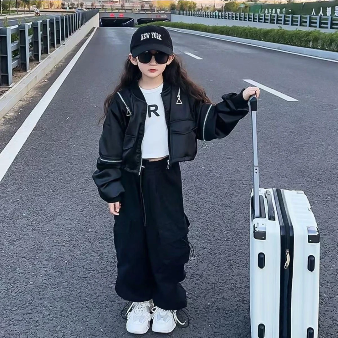 潮酷2024加绒春秋显瘦小个子运动短款外套休闲秋冬纯色女童中大童