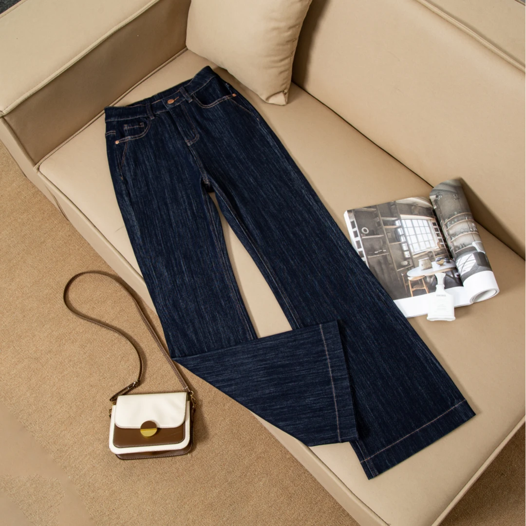 2024秋季新款时尚百搭四面弹力修身显痩高腰丹宁蓝牛仔直筒喇叭裤