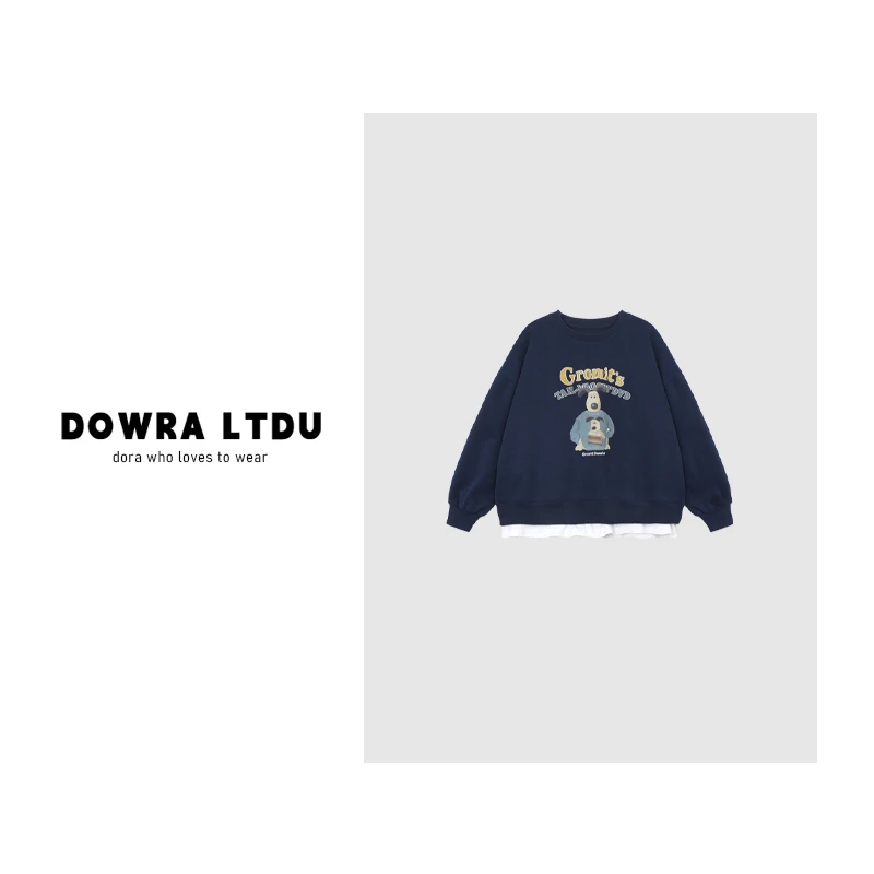 朵拉【松弛小狗】2024年冬季款圆领假两件套加绒百搭卫衣243-241131