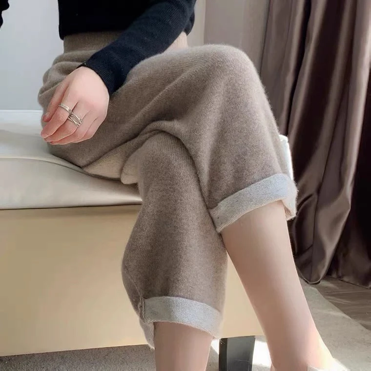 入手神器，100%纯山羊绒萝卜裤保暖女秋冬2股休闲8分裤针织宽松