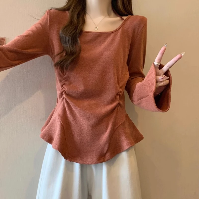 大码女装遮肚子小众别致挂脖打底衫女春秋胖妹妹显瘦荷叶长袖上衣