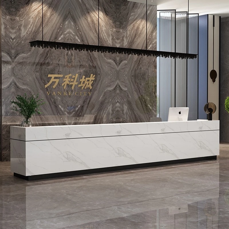 爵士白大理石前台公司鱼肚白岩板接待台酒店服务台咨询台柜台定制