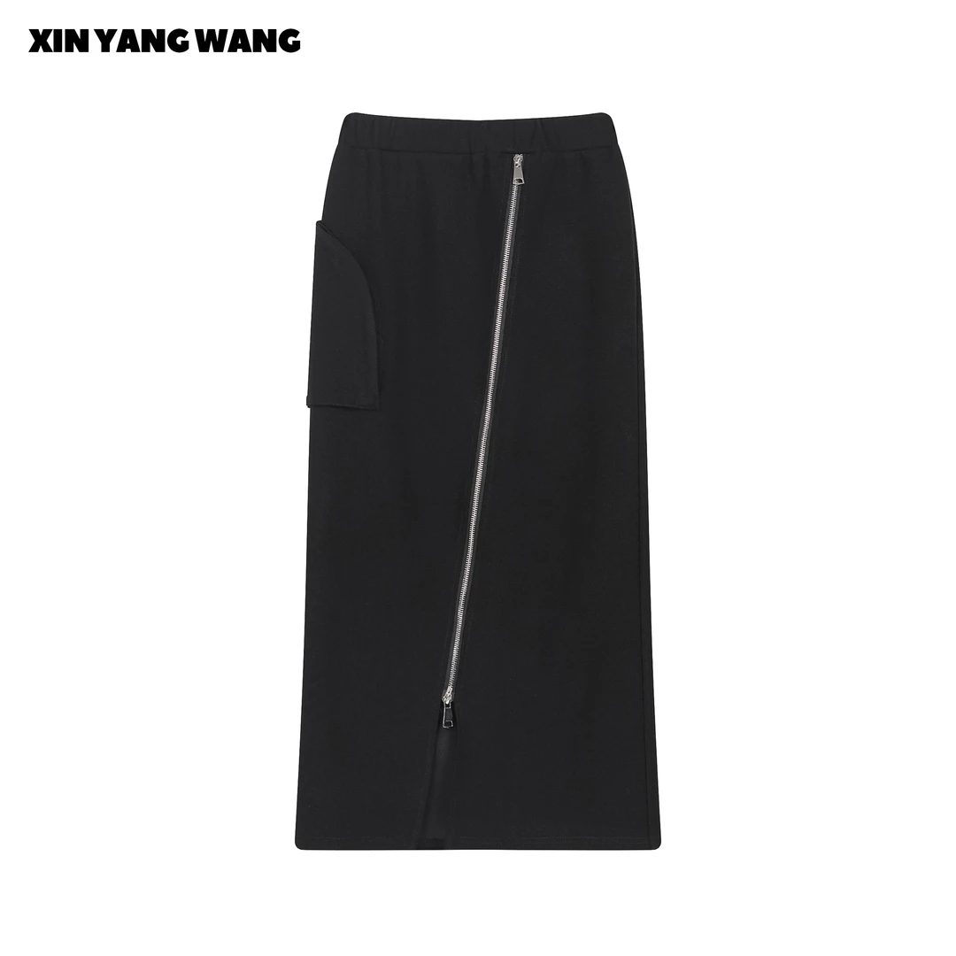 XINYANGWANG百搭休闲设计感斜拉链一步裙女秋冬立体口袋半身裙