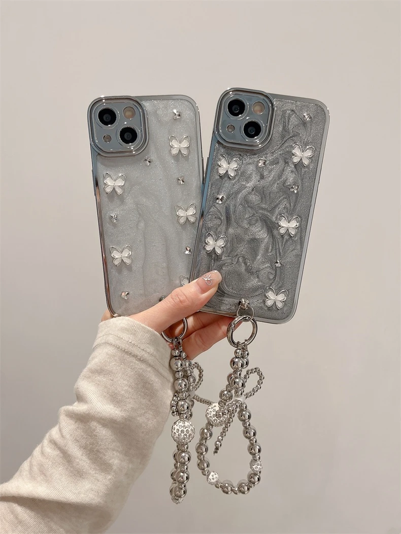 ins简约立体奢华蝴蝶链条适用苹果iPhone15手机壳14全包13防摔1