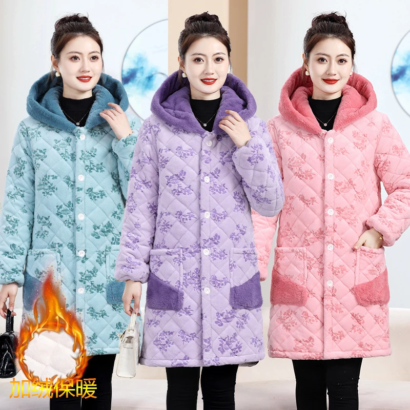 省女款爆款2024加绒罩衣连帽中长款棉服甜美加绒加厚棉罩衣