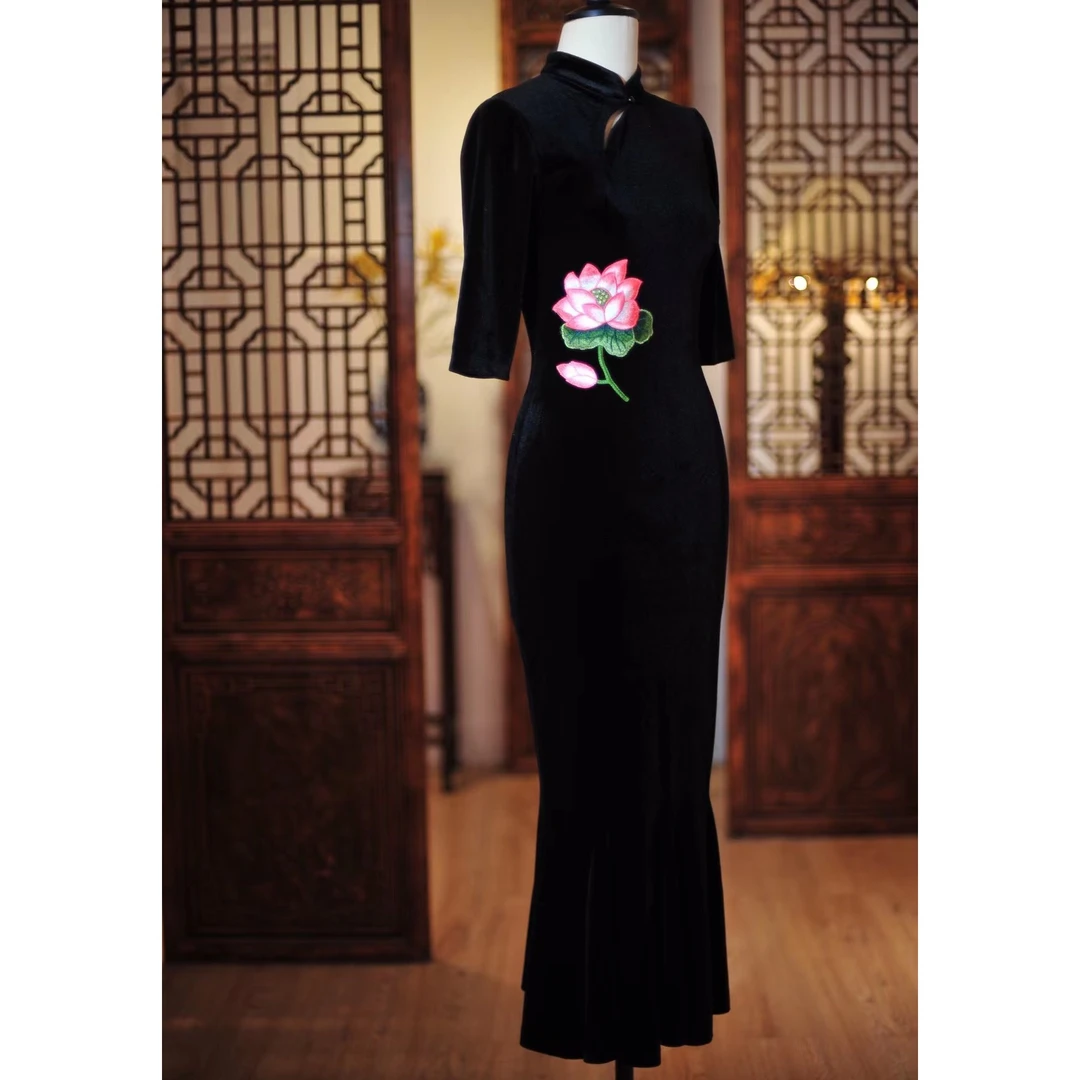 340荷花丝绒裙   鱼尾 显瘦 复古 气质 修身