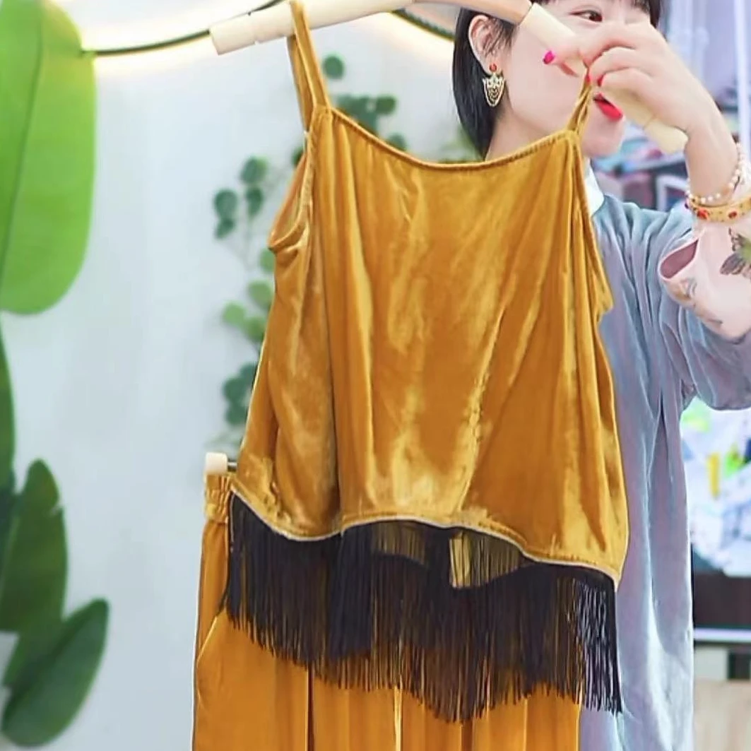 3857真丝丝绒流苏吊带