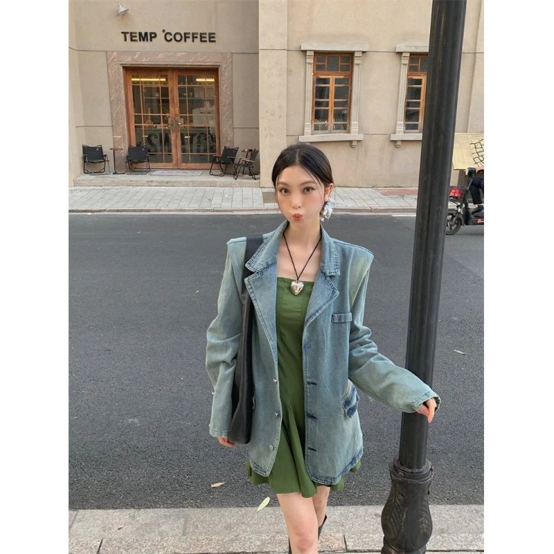 美式街头水洗西装领牛仔外套男女秋季2024新款小众高级感宽松上衣