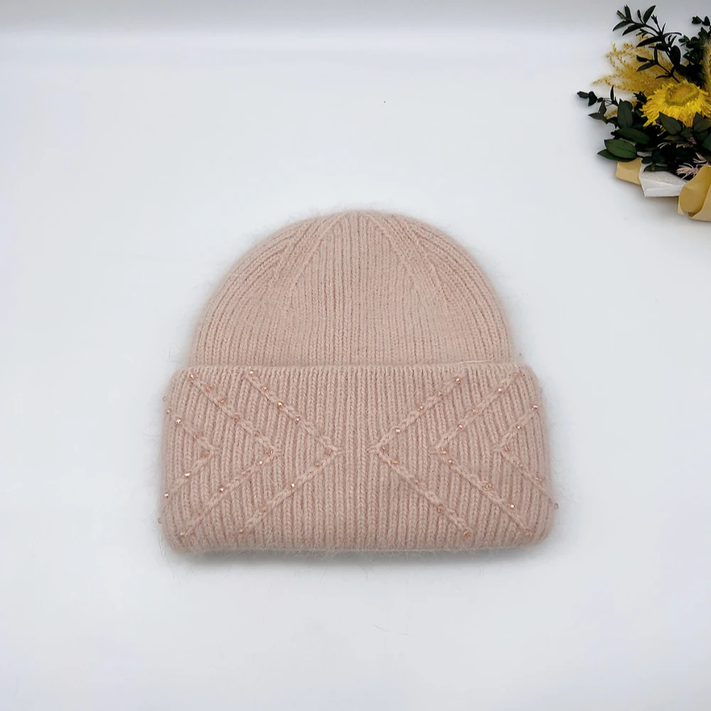 02454 兔毛羊毛钉珠加厚保暖帽-粉色 头围58cm左右 有弹力