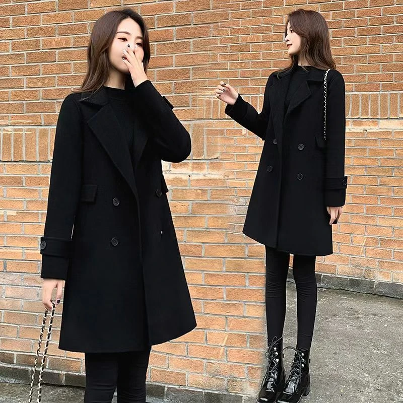 夹棉加厚2025秋冬新款韩版黑色毛呢外套女中长款显瘦黑色大衣
