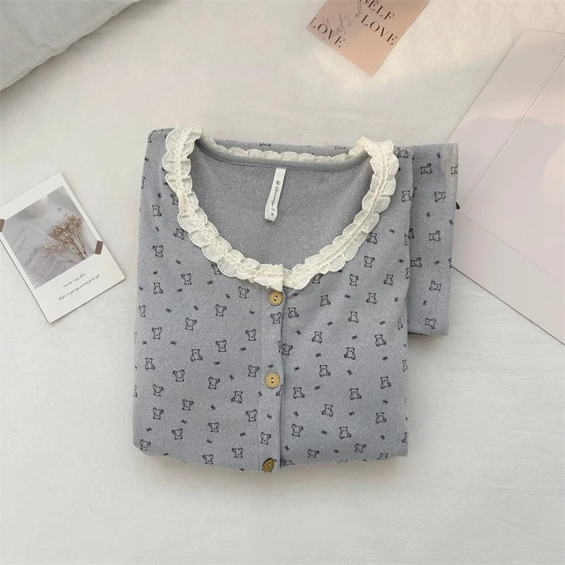 双面德绒睡衣女秋冬季加厚蕾丝圆领加绒长袖开衫甜美小熊家居服