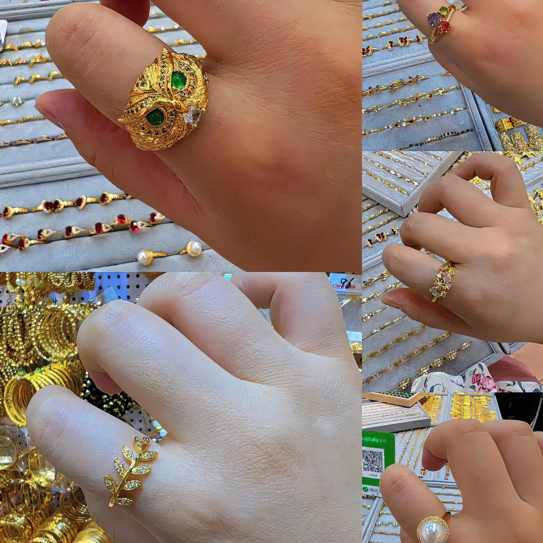 铜合金亚克力戒指 铜合金时尚彩钻戒指气质百搭金色精美可调节